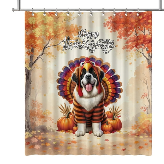 Happy Thanksgiving Saint Bernard Turkey Costume Pumpkins Autumn Leaves Shower Curtain St Dog Lover Waterproof Bathroom Bathtub Curtain - 130144