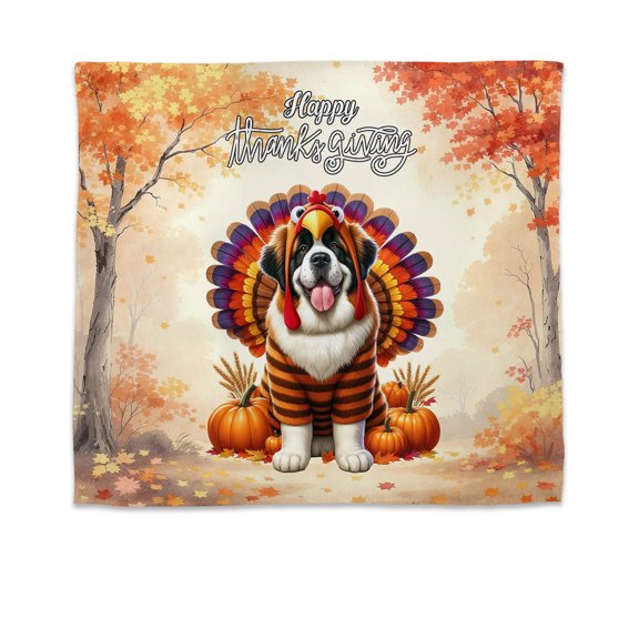 Happy Thanksgiving Saint Bernard Turkey Costume Pumpkins Autumn Leaves Tapestry St Dog Lover Wall Hanging Backdrop Home Decor - 130144