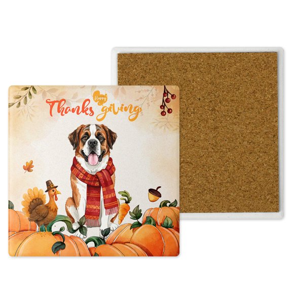 Happy Thanksgiving Saint Bernard with Turkey Pumpkins Autumn Vibes Set of 4 Stone Coasters St Dog Lover 4x4in Absorbent Soapstone Coaster - 12018