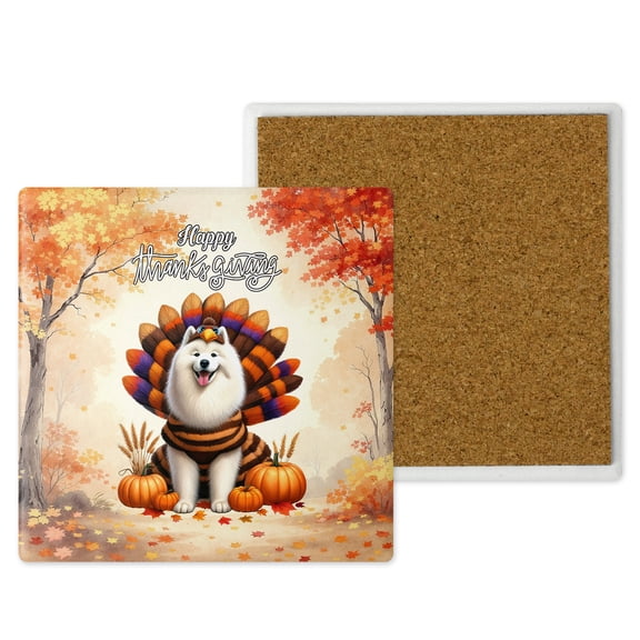 Happy Thanksgiving Samoyed Turkey Costume Pumpkins Autumn Leaves Set of 4 Stone Coasters Siberian Sammy Dog Lover 4x4in Absorbent Soapstone Coaster - 13014