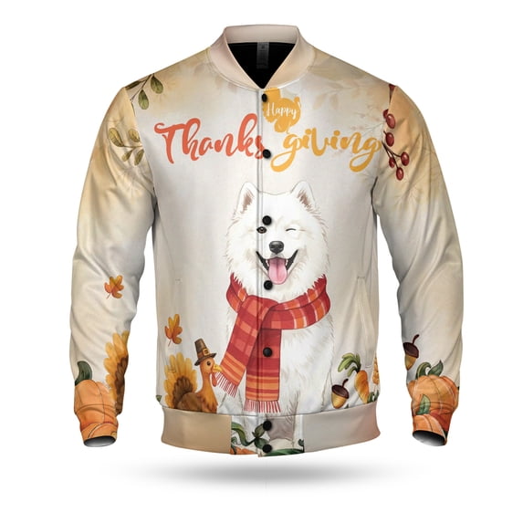 Happy Thanksgiving Samoyed with Turkey Pumpkins Autumn Vibes All Over Print 3D Baseball Jacket Siberian Sammy Dog Lover Bomber Jacket Softball - 12018
