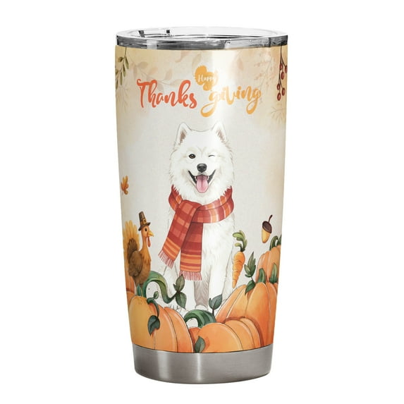 Happy Thanksgiving Samoyed with Turkey Pumpkins Autumn Vibes 20oz Stainless Steel Tumbler Insulated Cup with Lid Siberian Sammy Dog Lover - 12018