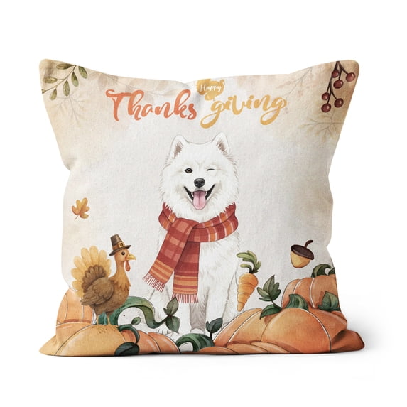 Happy Thanksgiving Samoyed with Turkey Pumpkins Autumn Vibes Pillow Cushion Double Sided Siberian Sammy Dog Lover Throw Pillow - 12018