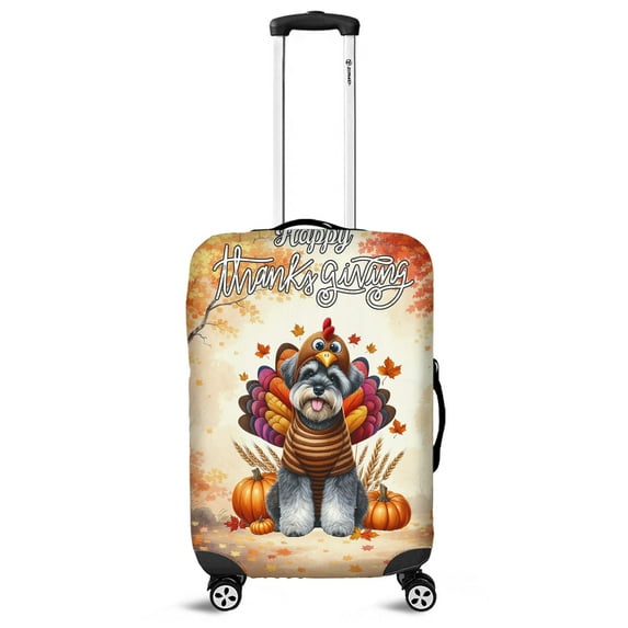 Happy Thanksgiving Schnauzer Turkey Costume Pumpkins Autumn Leaves Travel Luggage Cover Miniature Schnauzer Dog Lover Suitcase Dust Protective Decor - 13014