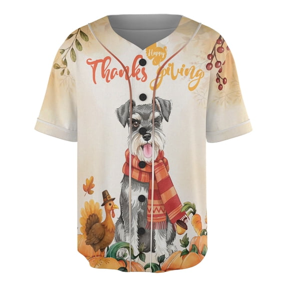 Happy Thanksgiving Schnauzer with Turkey Pumpkins Autumn Vibes All Over Print 3D Baseball Shirt Miniature Schnauzer Dog Lover Softball Sport - 12018