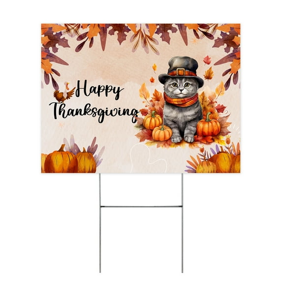 Happy Thanksgiving Scottish Fold Welcome Thankful Fall Autumn Pumpkin Yard Sign Cat Lover Kitten Owner Gifts Outdoor Home Lawn Garden Porch Decor - 02021