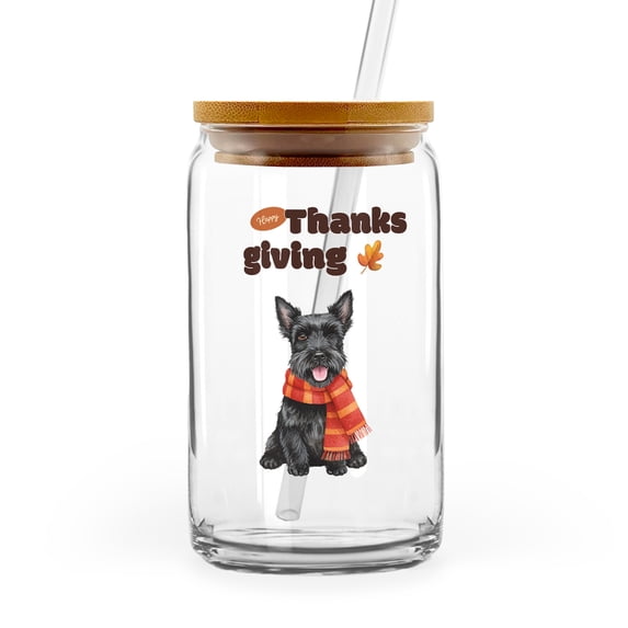Happy Thanksgiving Scottish Terrier with Turkey Pumpkins Autumn Vibes 16oz Glass Cup Mug Scottie Dog Lover Gifts Glass Can with Bamboo Lid and Straw - 12018