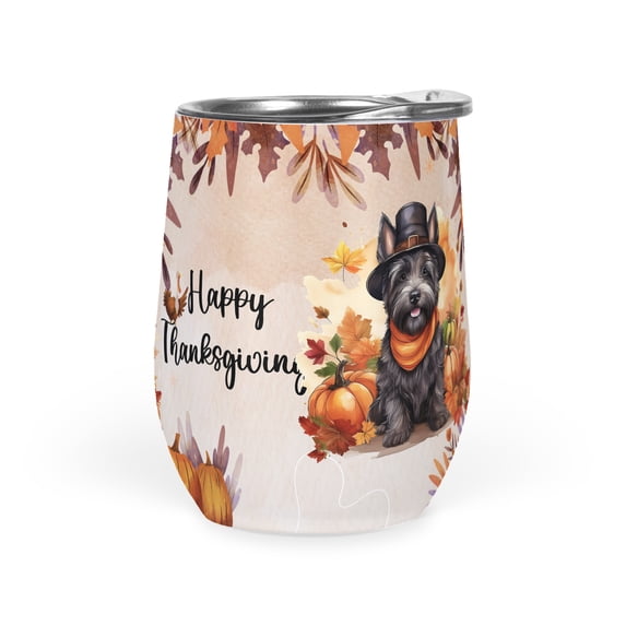 Happy Thanksgiving Scottish Terrier Welcome Thankful Fall Autumn Pumpkin 12oz Stainless Steel Wine Tumbler Insulated Cup with Lid Scottie Dog Lover Gifts - 02021