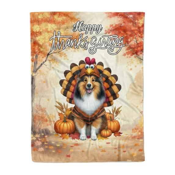 Happy Thanksgiving Shetland Sheepdog Turkey Costume Pumpkins Autumn Leaves Cozy Fleece Blanket Sheltie Dog Lover Gifts Warm Soft Throw Blanket - 130144