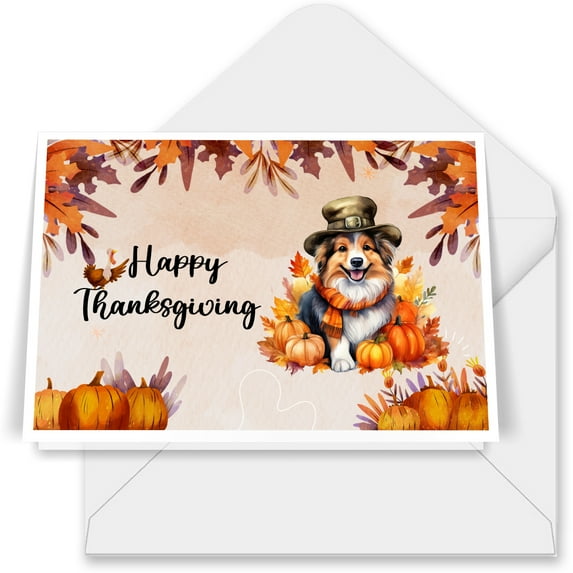 Happy Thanksgiving Shetland Sheepdog Welcome Thankful Fall Autumn Pumpkin 7x5in Folded Greeting Card Sheltie Dog Lover Gifts Single Note Card with Envelope - 02021