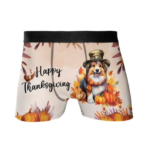 Happy Thanksgiving Shetland Sheepdog Welcome Thankful Fall Autumn Pumpkin All Over Print Boxer Briefs Underwear for Men Dad Sheltie Dog Lover Gifts - 02021