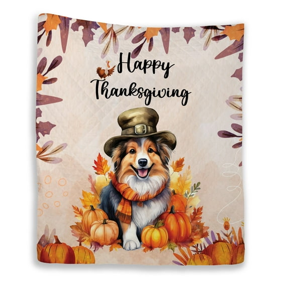 Happy Thanksgiving Shetland Sheepdog Welcome Thankful Fall Autumn Pumpkin Quilt Blanket Sheltie Dog Lover Gifts Cozy Comforter Throw Blanket - 02021