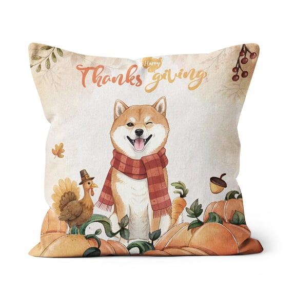 Happy Thanksgiving Shiba Inu with Turkey Pumpkins Autumn Vibes Pillow Cushion Double Sided Shibas Dog Lovers Gifts Idea Throw Pillow - 12018