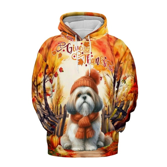 Happy Thanksgiving Shih Tzu Give Thanks Fall Beanie Scarf Welcome All Over Print 3D Hoodie Unisex Merch Hoodies Lion Dog Lover Gifts - 00020