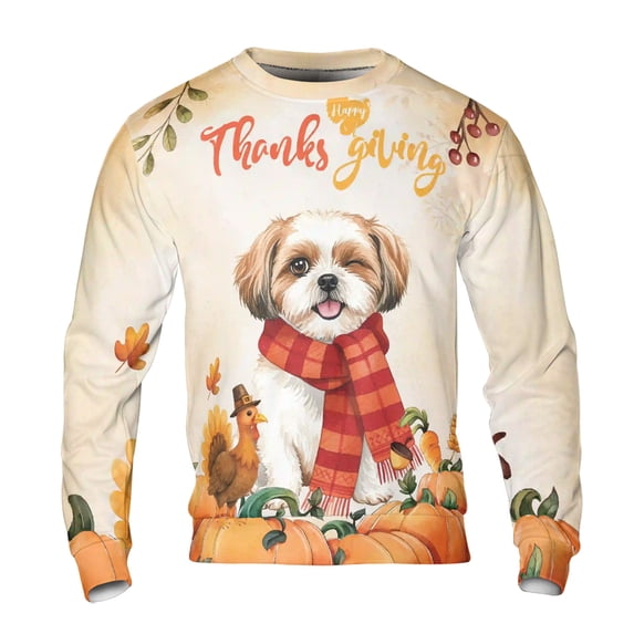 Happy Thanksgiving Shih Tzu with Turkey Pumpkins Autumn Vibes All Over Print 3D Sweatshirt Unisex Merch Lion Dog Lover Gifts - 12018