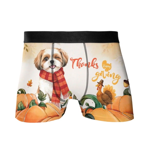 Happy Thanksgiving Shih Tzu with Turkey Pumpkins Autumn Vibes All Over Print Boxer Briefs Underwear for Men Dad Lion Dog Lover Gifts - 12018