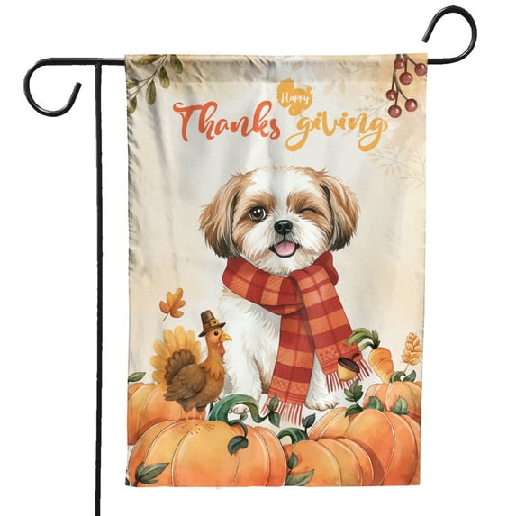 Happy Thanksgiving Shih Tzu with Turkey Pumpkins Autumn Vibes Garden Flag 12x18in Double Sided Lion Dog Lover Gifts Outdoor Decor - 12018