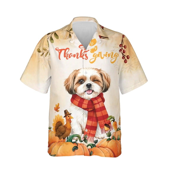 Happy Thanksgiving Shih Tzu with Turkey Pumpkins Autumn Vibes Hawaiian Shirt Breathable Summer Unisex Merch Lion Dog Lover Gifts - 12018
