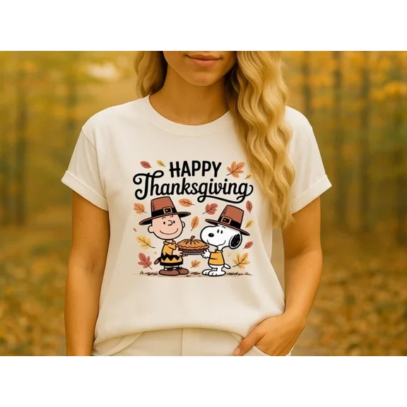 Happy Thanksgiving Shirt, Cute Snoopy and Charlie Brown Tee, Fall Autumn Peanuts ,Sand Color,Size L