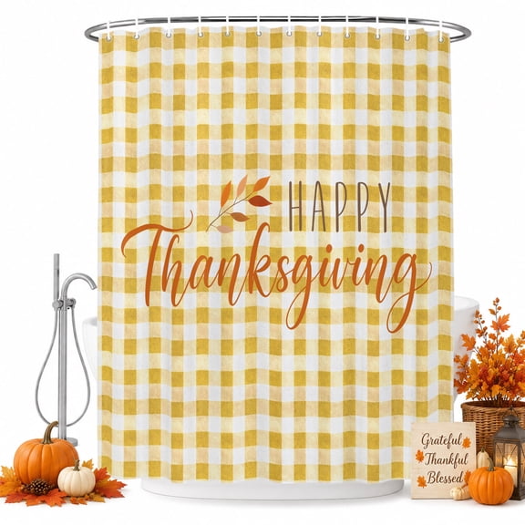 Happy Thanksgiving Shower Curtain for Bathroom, Amber Orange Plaid Backdrop Rustic Waterproof Cloth Fabric Bathroom Accessories Set with 9 Rust Proof Plastic Hooks, 36"x72"