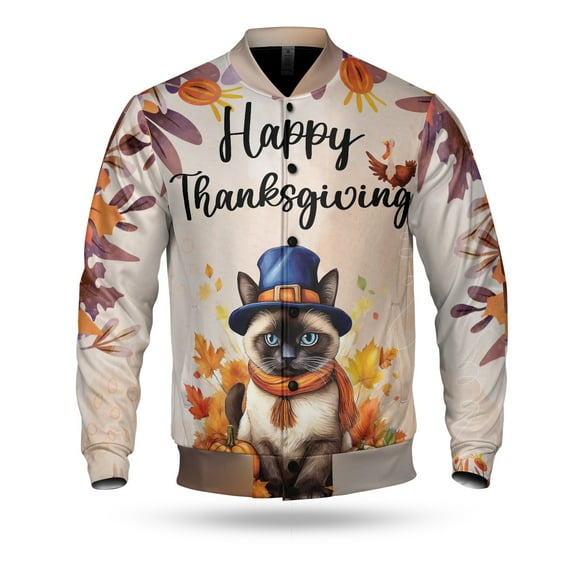 Happy Thanksgiving Siamese Welcome Thankful Fall Autumn Pumpkin All Over Print 3D Baseball Jacket Cat Lover Kitten Owner Gifts Bomber Jacket Softball - 02021