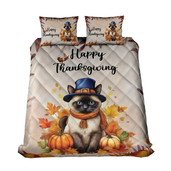 Happy Thanksgiving Siamese Welcome Thankful Fall Autumn Pumpkin Quilt Bedding Set Cat Lover Kitten Owner Gifts 1 Blanket Bed Cover 2 Pillowcases - 02021