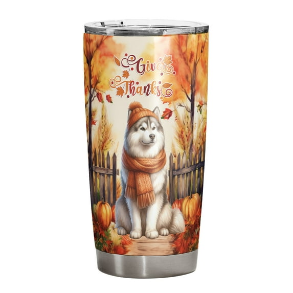 Happy Thanksgiving Siberian Husky Give Thanks Fall Beanie Scarf Welcome 20oz Stainless Steel Tumbler Insulated Cup with Lid Husky Dog Lover Gifts - 00020