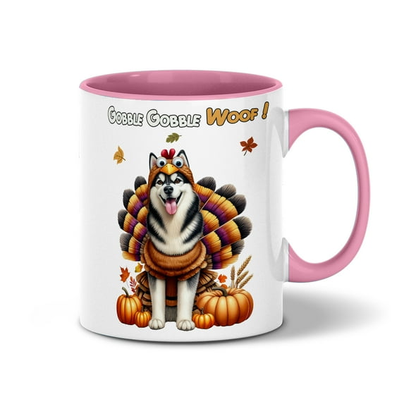 Happy Thanksgiving Siberian Husky Turkey Costume Pumpkins Autumn Leaves 11oz Accent Two-tone Mug Husky Dog Lover Gifts Coffee Tea Cup - 130144