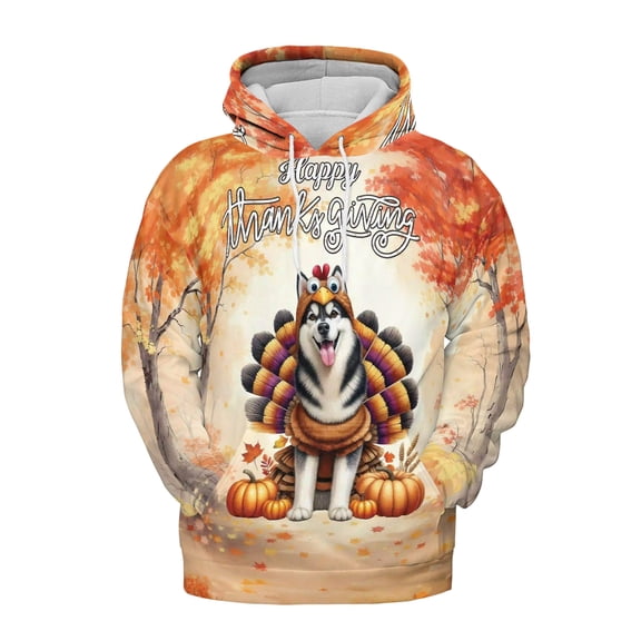 Happy Thanksgiving Siberian Husky Turkey Costume Pumpkins Autumn Leaves All Over Print 3D Hoodie Unisex Merch Hoodies Husky Dog Lover Gifts - 13014