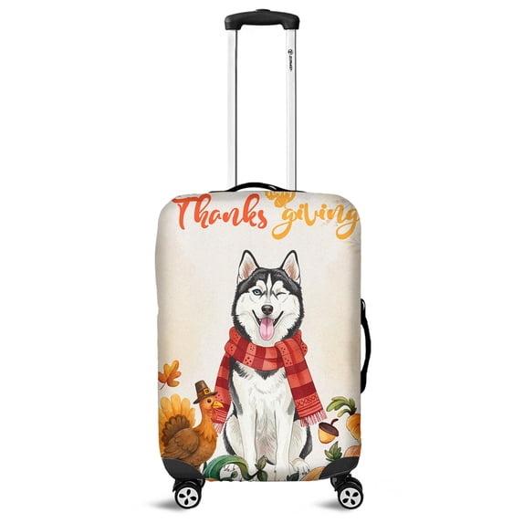 Happy Thanksgiving Siberian Husky with Turkey Pumpkins Autumn Vibes Travel Luggage Cover Husky Dog Lover Gifts Suitcase Dust Protective Decor - 12018