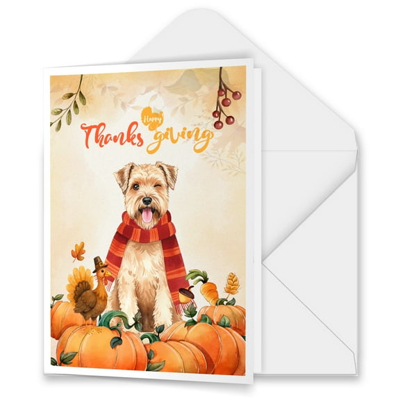 Happy Thanksgiving Soft Coated Wheaten Terrier with Turkey Pumpkins Autumn Vibes 5x7in Folded Greeting Card Wheatie Dog Lover Single Note Card with Envelope - 12018