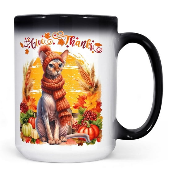 Happy Thanksgiving Sphynx Give Thanks Fall Beanie Scarf Welcome Heat Color Changing Mug Cat Lover Kitten Owner Gifts Idea Magic Coffee Mug - 00020