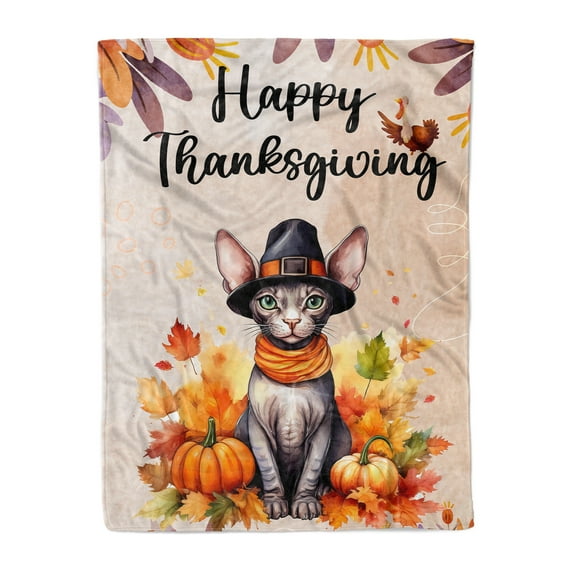 Happy Thanksgiving Sphynx Welcome Thankful Fall Autumn Pumpkin Cozy Fleece Blanket Cat Lover Kitten Owner Gifts Idea Warm Soft Throw Blanket - 02021