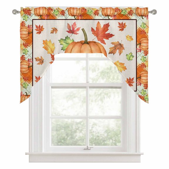 Happy Thanksgiving Swag Curtain Valance for Windows, Rustic Fall Orange Pumpkin Leaves Grid Border Swag Curtains Drapes Rod Pocket for Kitchen Bathroom Small Window, 1 Panel 56x36in