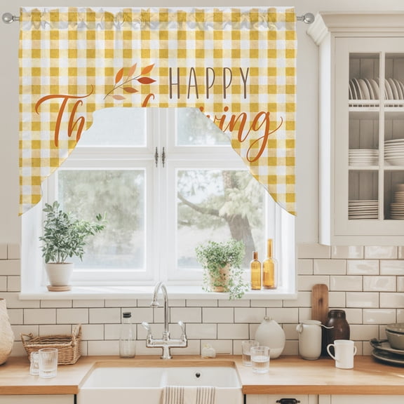Happy Thanksgiving Swag Valance for Windows, Amber Orange Plaid Backdrop Rustic Swag Curtains Valances for Small Window Treatment Rod Pocket for Kitchen Bathroom 1 Panel 56x36in