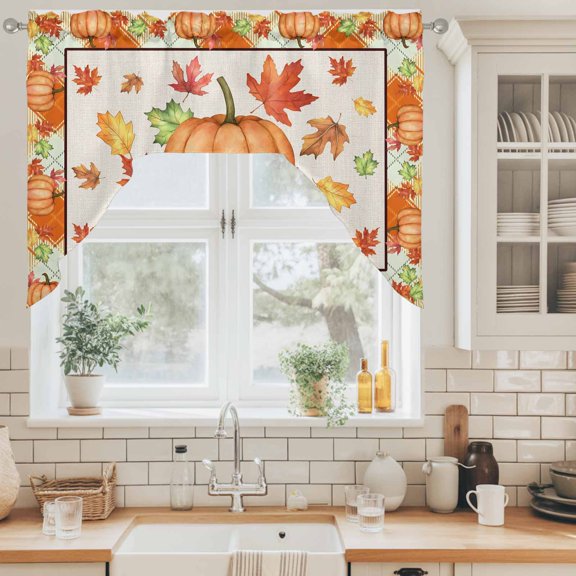 Happy Thanksgiving Swag Valance for Windows, Rustic Fall Orange Pumpkin Leaves Grid Border Swag Curtains Valances for Small Window Treatment Rod Pocket for Kitchen Bathroom 1 Panel 56x36in