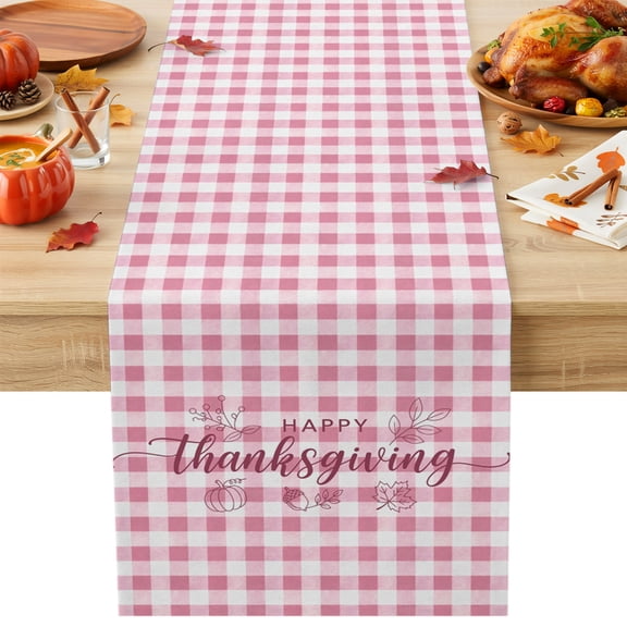 Happy Thanksgiving Table Runner 13x36 Inch Pumpink Leaf Pink Plaid Gingham Background Cotton Linen Dining Table Runner Ideal for Dresser Kitchen Coffee Tables - Machine Washable