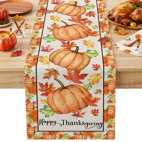 Happy Thanksgiving Table Runner 13x36 Inch Rustic Fall Orange Pumpkin Leaves Grid Border Table Runner Non-Slip Dresser Scarves for Holiday Decorations, Autumn Party, Dinner and Gatherings, 1 Pack