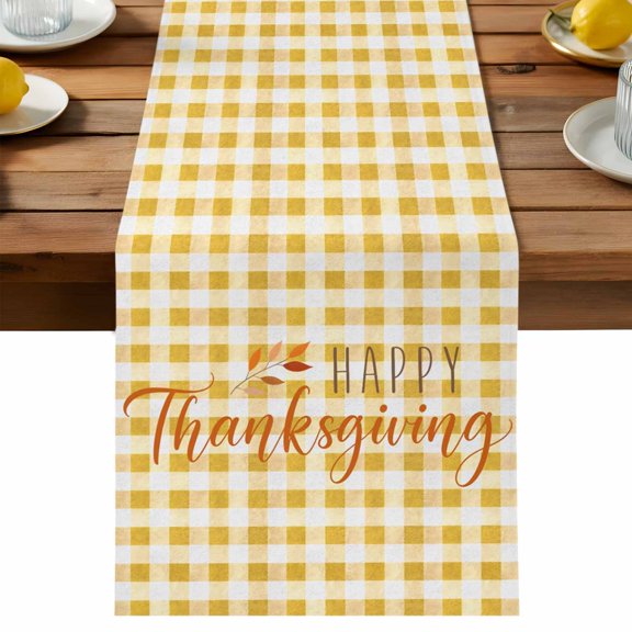 Happy Thanksgiving Table Runner, Amber Orange Plaid Backdrop Rustic Cotton Linen Kitchen Dining Table Runner Home Decor for Party Festival Holiday Decoration Gift 13x36in