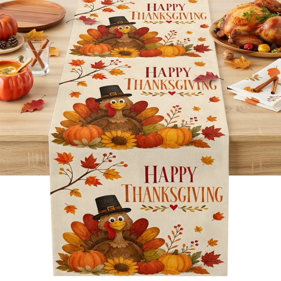 Happy Thanksgiving Table Runner, Fall Farm Vintage Funny Turkey Pumpkin Maple Leaf Cotton Linen Kitchen Table Decoration Washable Dining Tabletop Runners for Home Party Decor 13x36 Inches