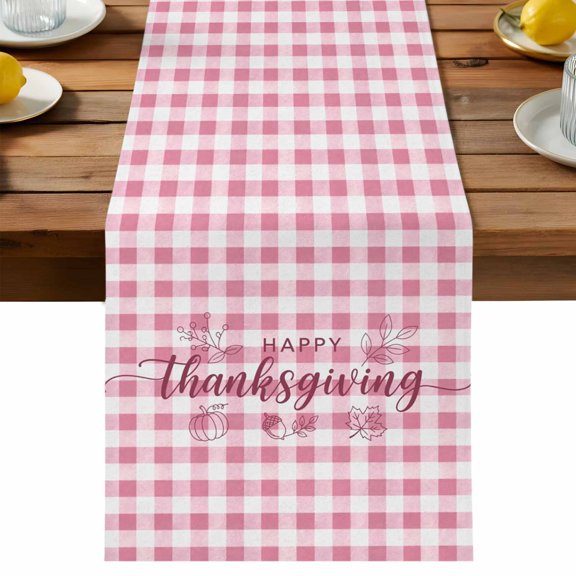 Happy Thanksgiving Table Runner, Pumpink Leaf Pink Plaid Gingham Background Cotton Linen Kitchen Dining Table Runner Home Decor for Party Festival Holiday Decoration Gift 13x36in