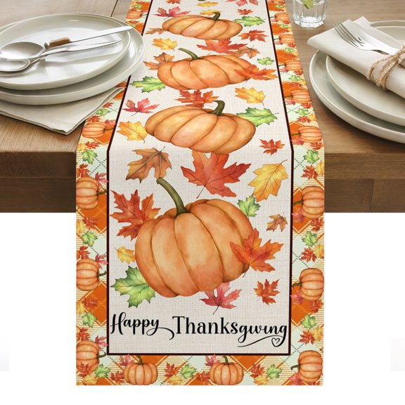 Happy Thanksgiving Table Runner, Rustic Fall Orange Pumpkin Leaves Grid Border Washable Kitchen Table Runners Dress Scarves for Dining Table Decorations Party/Restaurant/Indoor Outdoor Use, 13x36in