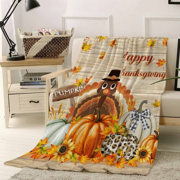 Happy Thanksgiving Throw Flannel Blanket 30x40In Turkey Maple Leaf Pumpkin Sunflower Board Super Soft Cozy Bed Blanket, Lightweight Plush Fuzzy Bed Throw for Bedroom Sofa Couch Living Room