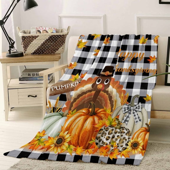 Happy Thanksgiving Throw Flannel Blanket 40x50In Turkey Maple Leaf Pumpkin Sunflower Plaid Super Soft Cozy Bed Blanket, Lightweight Plush Fuzzy Bed Throw for Bedroom Sofa Couch Living Room