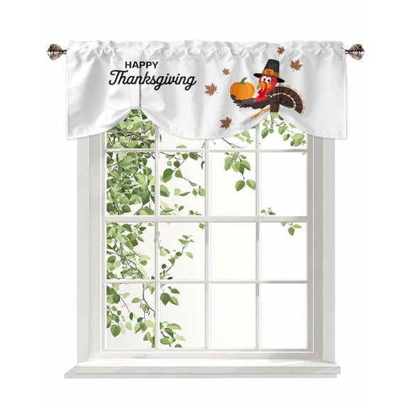 Happy Thanksgiving Tie Up Valances Curtain, Adjustable Kitchen Cartoon Turkey Hold Pumpkin Maple Leaf Valances for Windows Decor, Rod Pocket Short Curtains Set for Bedroom/Bathroom, 42"x18"