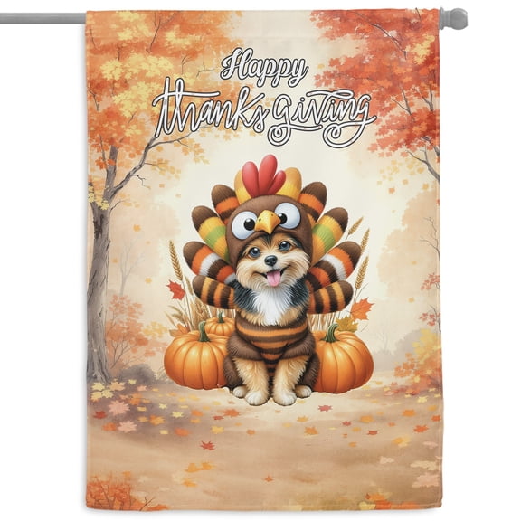 Happy Thanksgiving Toy Fox Terrier Turkey Costume Pumpkins Autumn Leaves House Flag 28x40in Double Sided Dog Lover Outdoor Decor - 13014