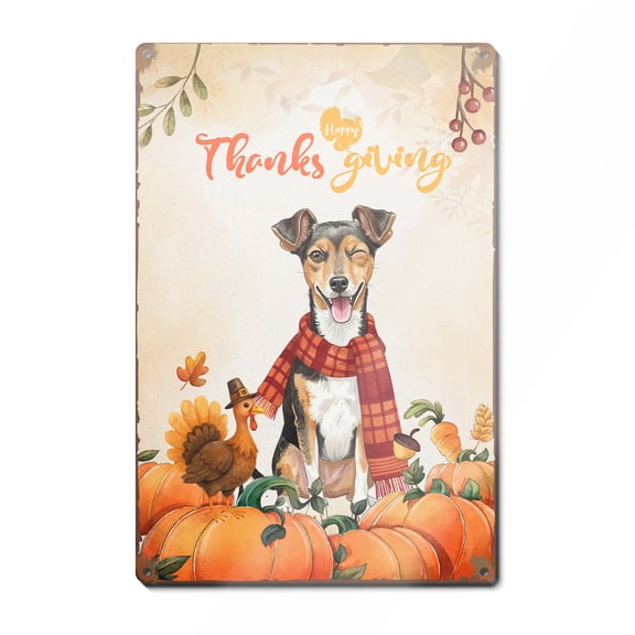 Happy Thanksgiving Toy Fox Terrier with Turkey Pumpkins Autumn Vibes Vertical Metal Aluminum Sign Dog Lover Wall Art Home Decor - 12018