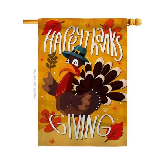 Happy Thanksgiving Turkey Fall Bird Decor Sleeved House Flag 28" x 40" Double Sided-Thick Fabric Decorative Vertical Flag, Made in USA