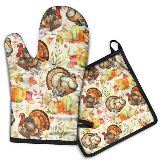 Happy Thanksgiving Turkey Fall Leaves Pumpkin Kitchen Oven Mitt and Pot Holder Sets 2 Pcs for Baking, Cooking and Grilling, Heat Resistant Up To 392 °F