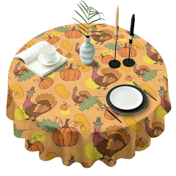 Happy Thanksgiving Turkey Fall Leaves Pumpkin Round Tablecloth 60" X 60",Wrinkle Wipeable Table Cloth for Kitchen Dining Room Picnic Patio Party